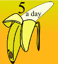 book cover type image in cartoon style with a big bannana and title 5 aday 