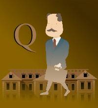 book cover type in catoon style with a man walking outside with a briefcase and title Q 